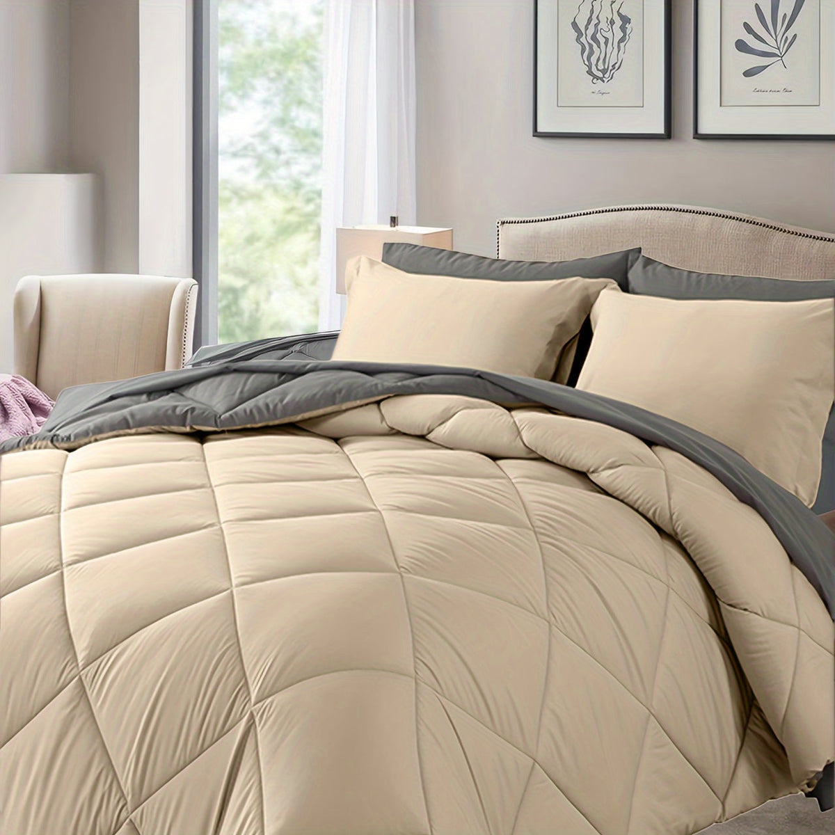Ensemble de literie 7 pièces pour lit Queen/King – Parure de lit en microfibre douce à plis pincés, comprenant une couette, un drap-housse, un drap plat et 4 taies d'oreiller, ensemble de literie toutes saisons pour la maison et le dortoir