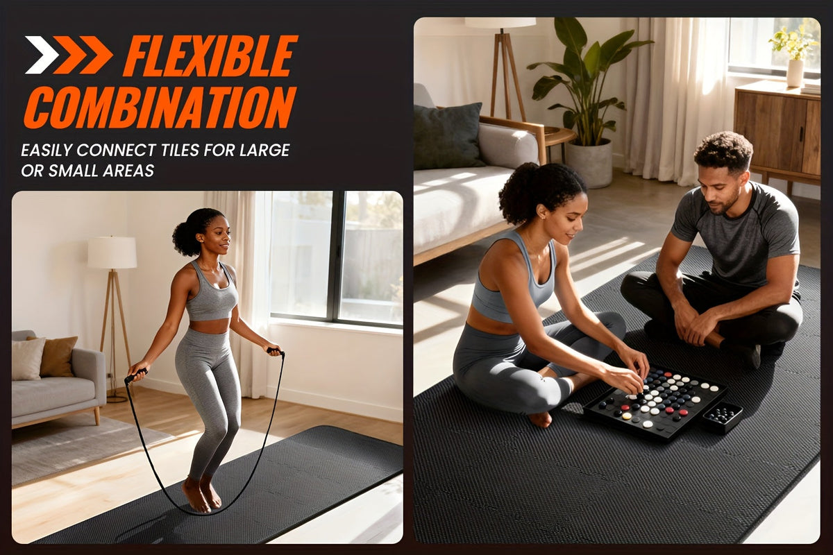 Tapis de sol emboîtables pour salle de sport, 36/48 pièces, dalles puzzle en mousse EVA, 30 x 30 cm, tapis d'exercice antidérapant pour salle de sport à domicile, garage, salle de jeux, fitness – Inclut des bordures, motif café et feuilles