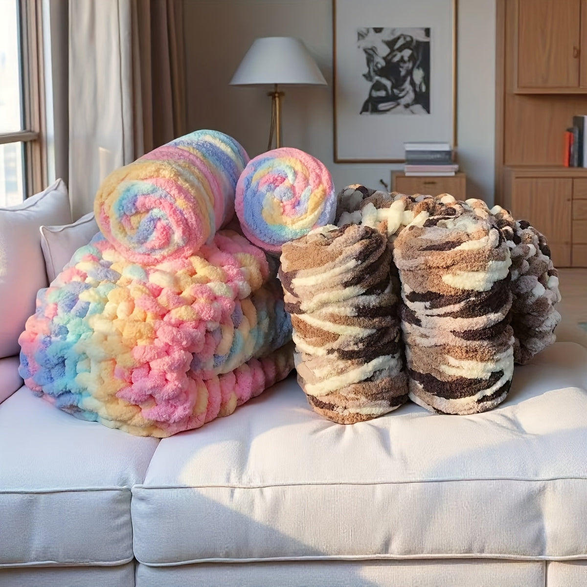 Fil chenille épais, 2 écheveaux de 500 g, laine pour tricot et crochet, rayé multicolore, polyester doux, extra épais, pelucheux, cadeau DIY pour femmes et hommes