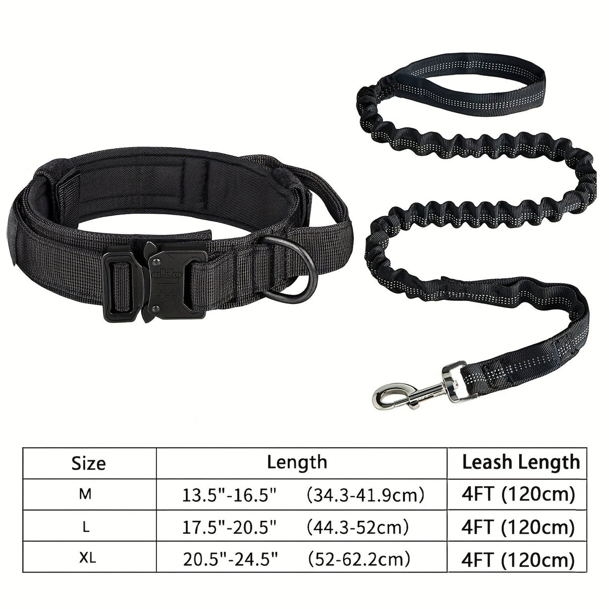 Ensemble collier et laisse tactiques pour chien – Polyester robuste et réglable avec boucle et anneau en D en métal pour toutes les tailles de chiens, collier et laisse d'entraînement de style militaire en noir et kaki, tailles M et L