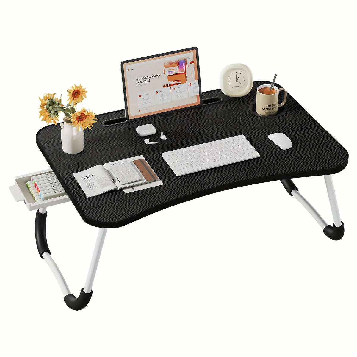 Plateau de lit pour ordinateur portable et repas – Grand plateau de petit-déjeuner avec porte-gobelet et tiroir pour canapé, sol, étude, lecture et écriture, table d'appoint portable