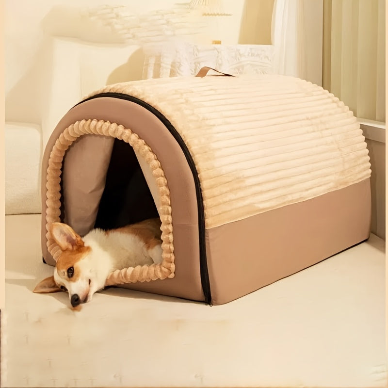 Niche pour chien pliable 2-en-1 toutes saisons – Maison pour animaux entièrement fermée avec poignée, nid douillet, doux et antidérapant, lavable pour chiens et chats de grande, moyenne et petite taille – Bavoir offert – Velora
