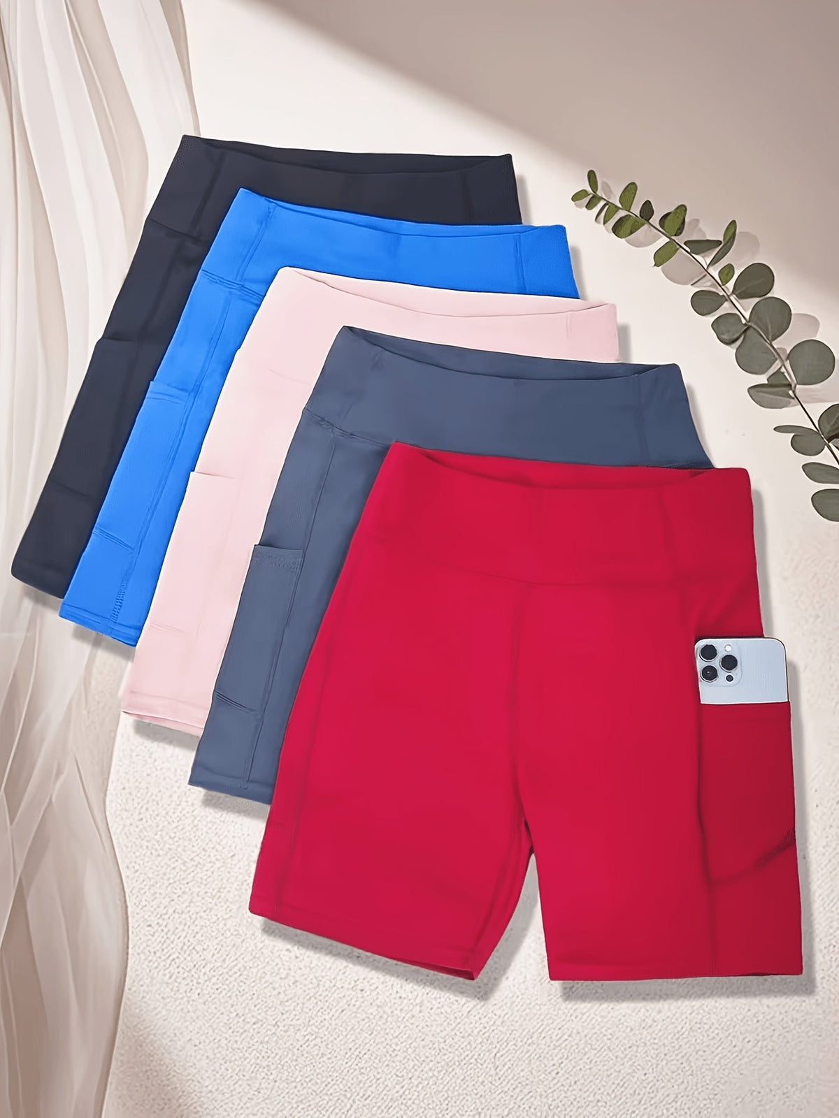 Lot de 5 shorts de cyclisme taille haute pour femme avec poches – Shorts de sport pour yoga, gym et running, tissu polyester extensible, tailles M à XXL, ensemble aux couleurs variées pour femmes actives