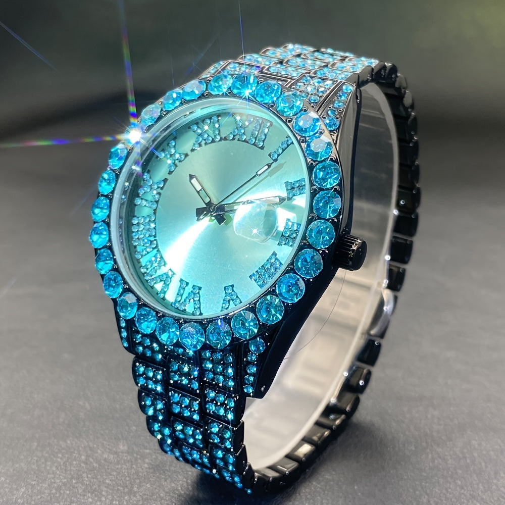 Ensemble de montres pour couples avec strass, mouvement à quartz de luxe, calendrier, affichage lumineux pour hommes et femmes, montre cadeau de mode pour fête avec strass rouges et bleu glacier