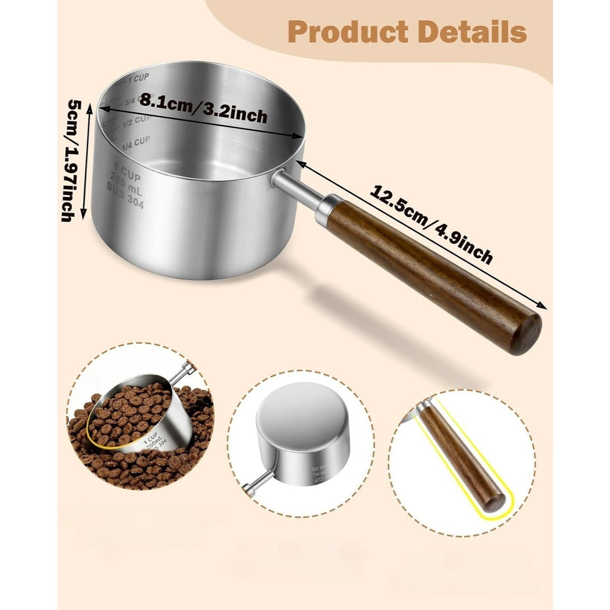Pelle à croquettes en acier inoxydable, 1 tasse (250 ml), avec graduations et long manche - Doseur métallique pour nourriture pour chiens et chats - Pelle durable avec marquages en tasses et ml pour un contrôle précis des portions