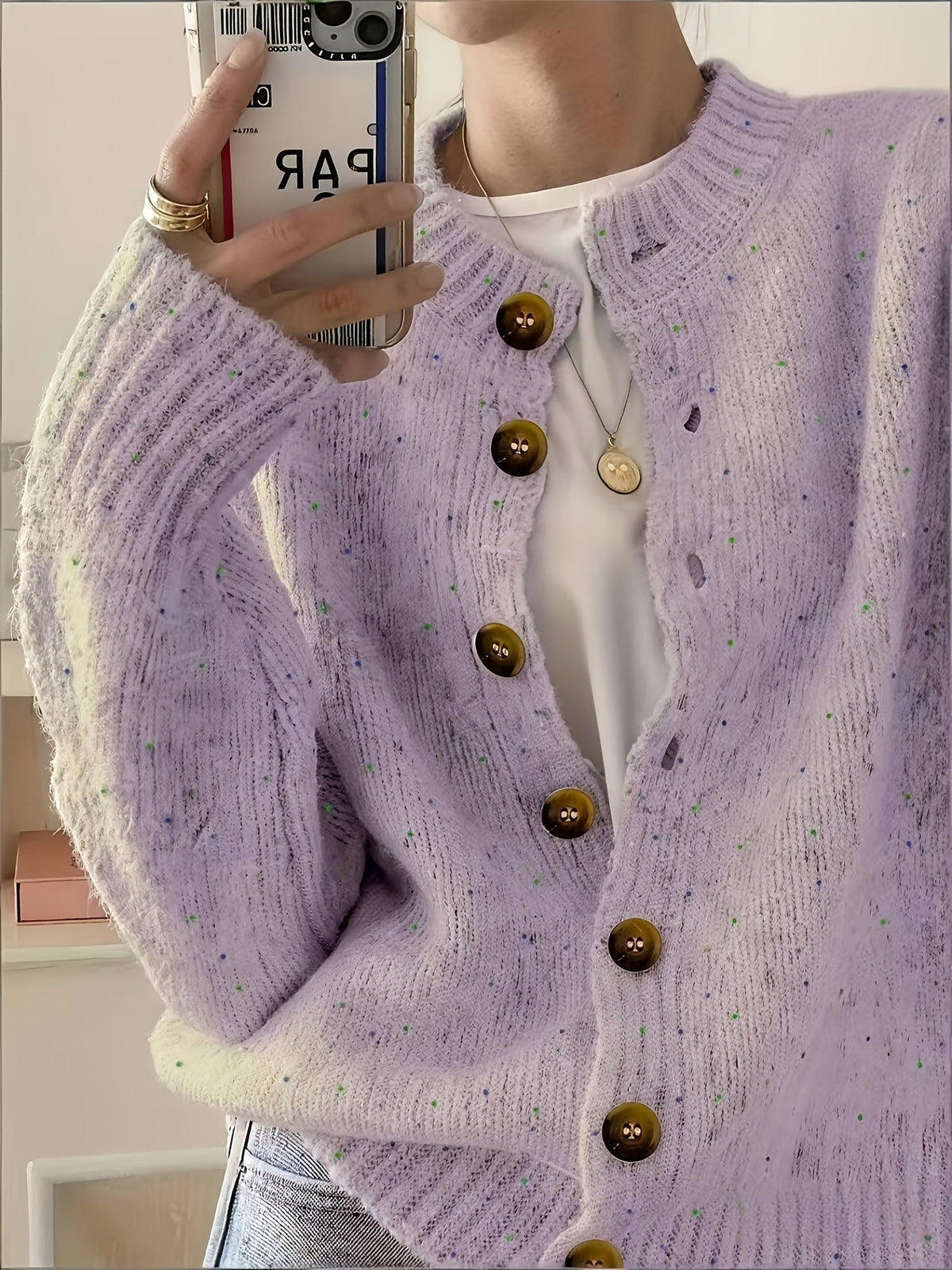 Cardigan décontracté pour femme à boutons, manches longues, col rond, maille colorée | Haut élégant et léger en tissu extensible à motif pois bonbon, tailles S M L XL
