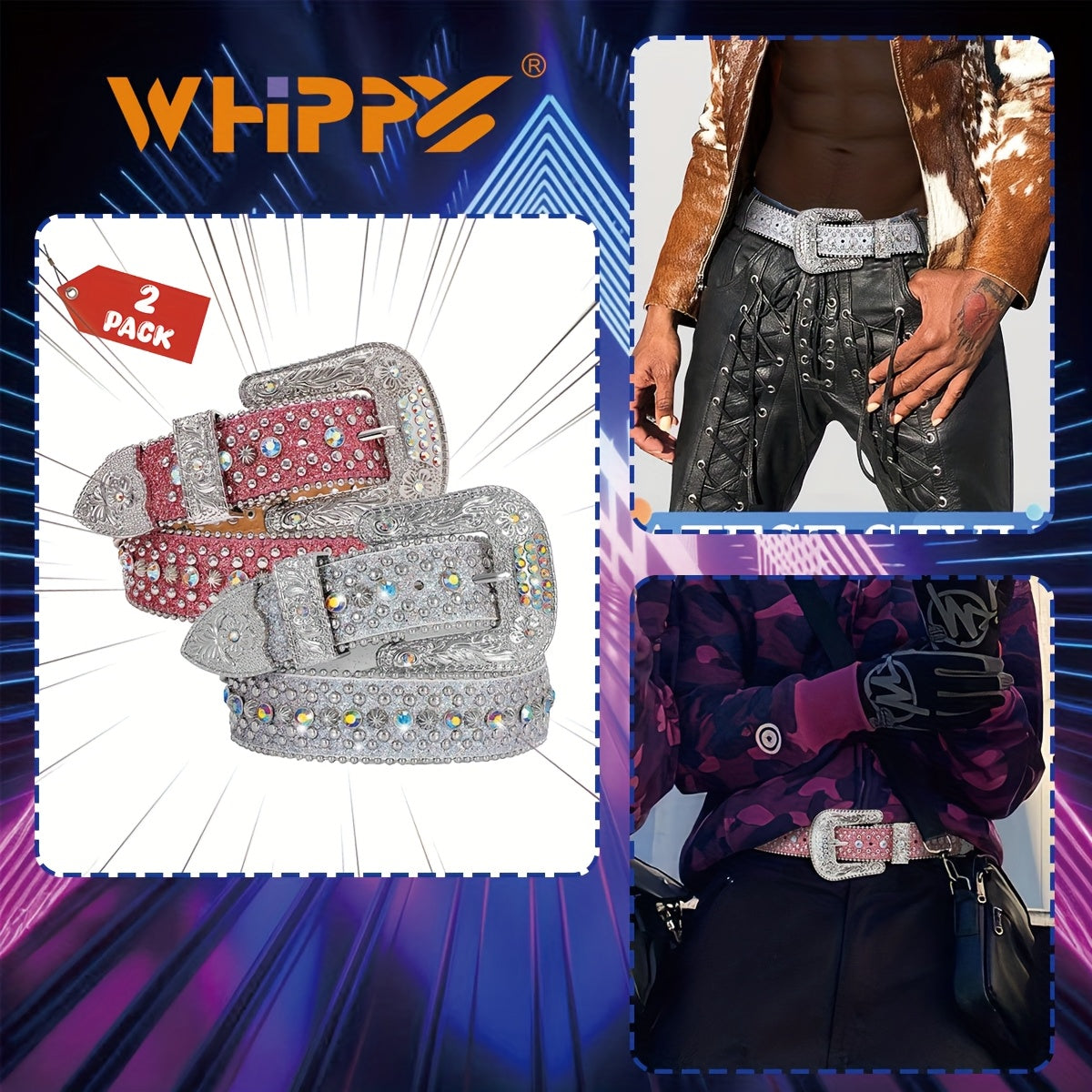 Ceinture strass unisexe style western – Ceinture ajustable scintillante en similicuir avec boucle en alliage pour hommes et femmes, tailles S-XL, cadeau pour fête, festival, Halloween, Noël