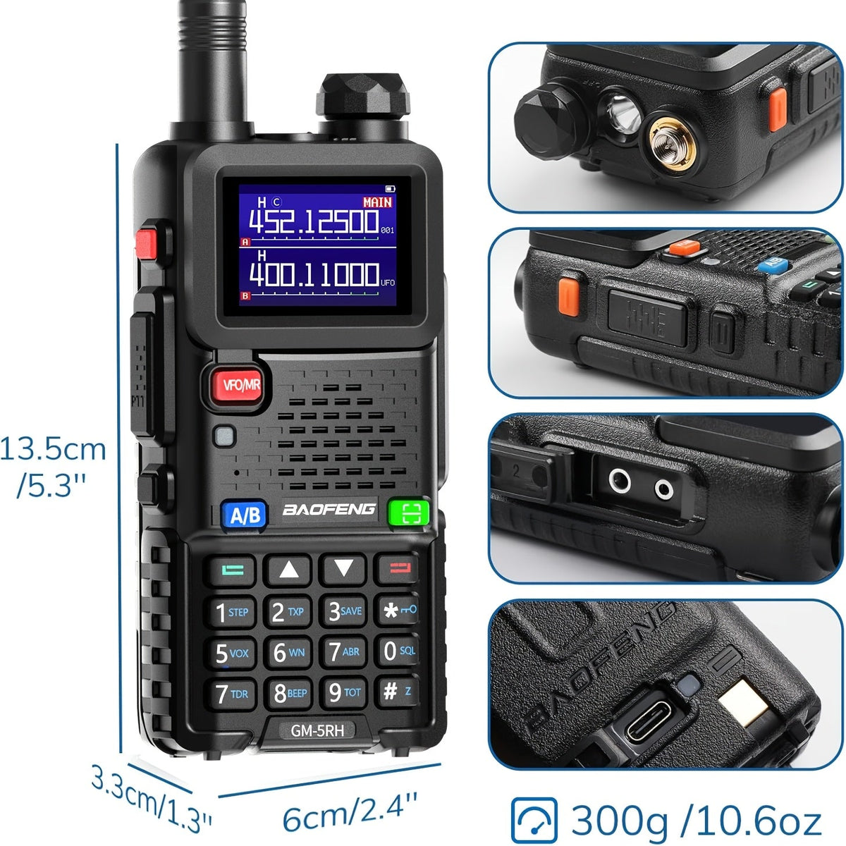 BAOFENG GM-5RH Radio GMRS longue portée 10W, lot de 2 - Talkie-walkie portable avec météo NOAA, chargement USB-C, 999 canaux, batterie 2500mAh, antennes 771 et 805S pour la chasse, le camping et l'escalade