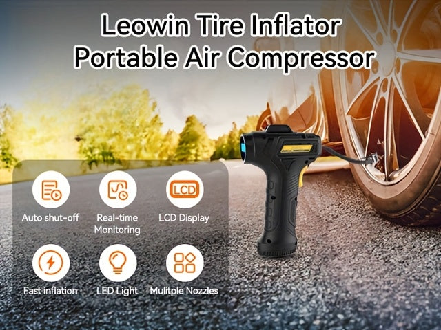 Compresseur d'air portable pour pneus – Pompe à air sans fil 150 PSI avec arrêt automatique, manomètre numérique et lampe LED pour voitures, motos, vélos et ballons, rechargeable
