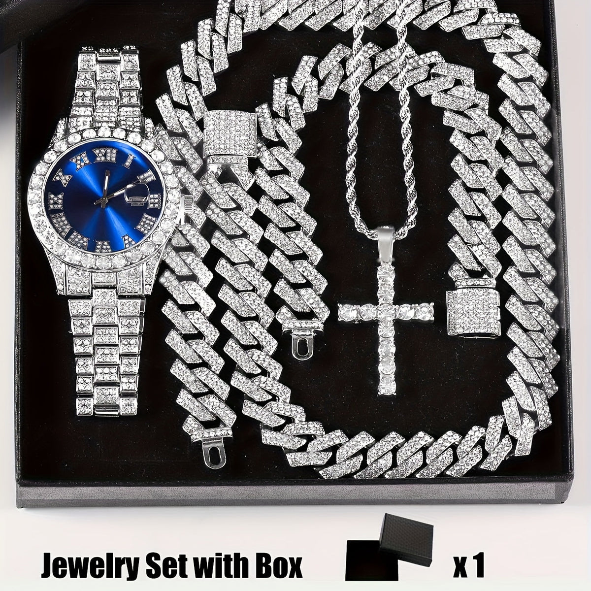 Parure de bijoux 4 pièces avec montre strass et pendentif croix, montre-bracelet analogique à quartz, collier, bracelet et boucles d'oreilles, cadeau unisexe pour lui ou elle, mariage