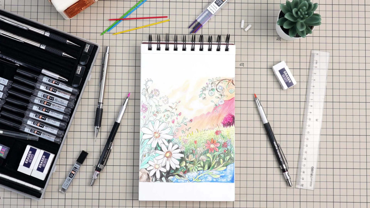 Ensemble de 34 crayons mécaniques artistiques avec étui, 6 crayons de dessin en métal, mines de 0,5 mm, 0,7 mm, 0,9 mm, 2 mm, 19 mines de recharge et gommes pour artistes, croquis et dessin