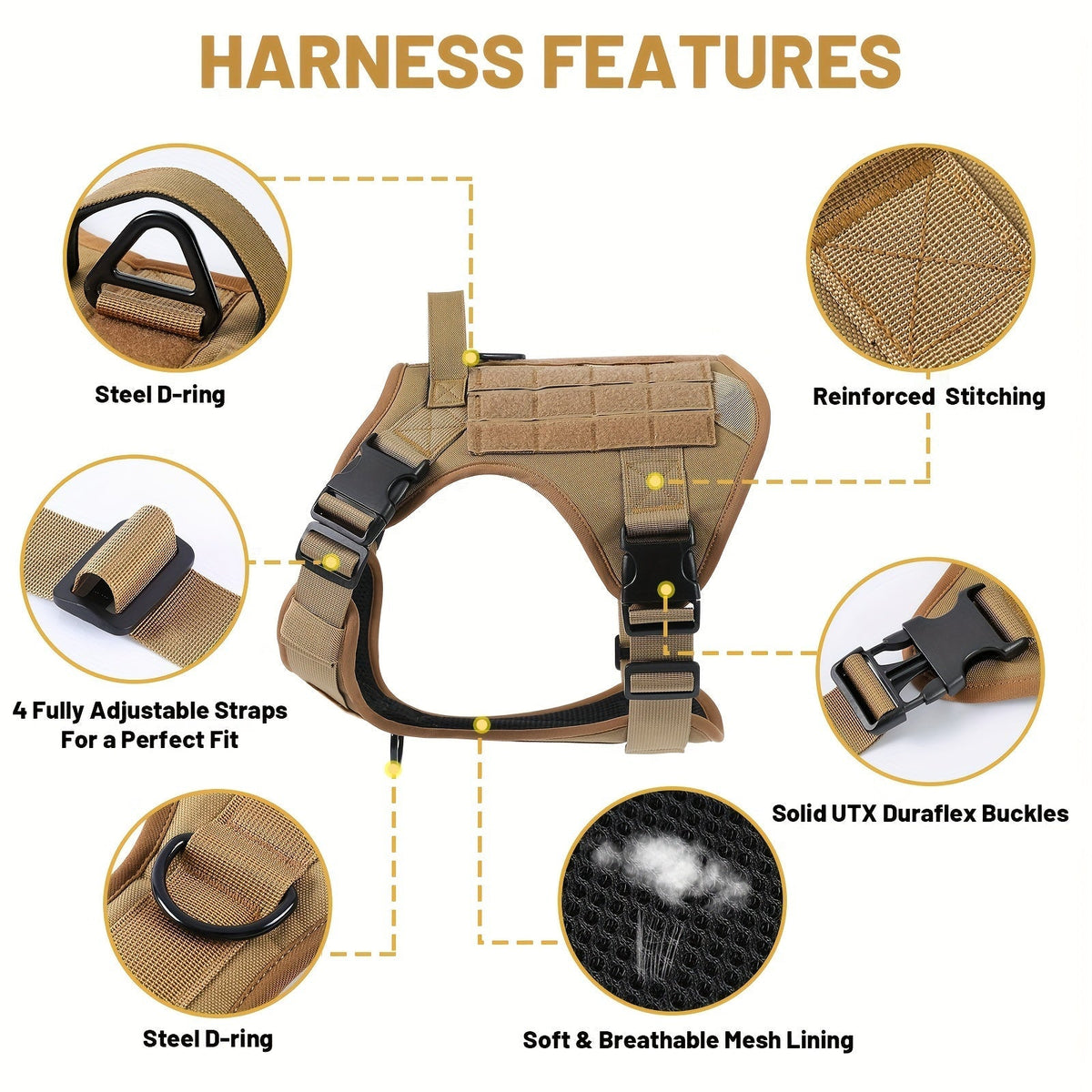 Harnais tactique pour chien – Gilet anti-traction style militaire pour animal de compagnie avec poignée de contrôle, ajustement sécurisé pour chiens actifs, motif uni, tailles S à XL, idéal pour le dressage, la randonnée et la marche