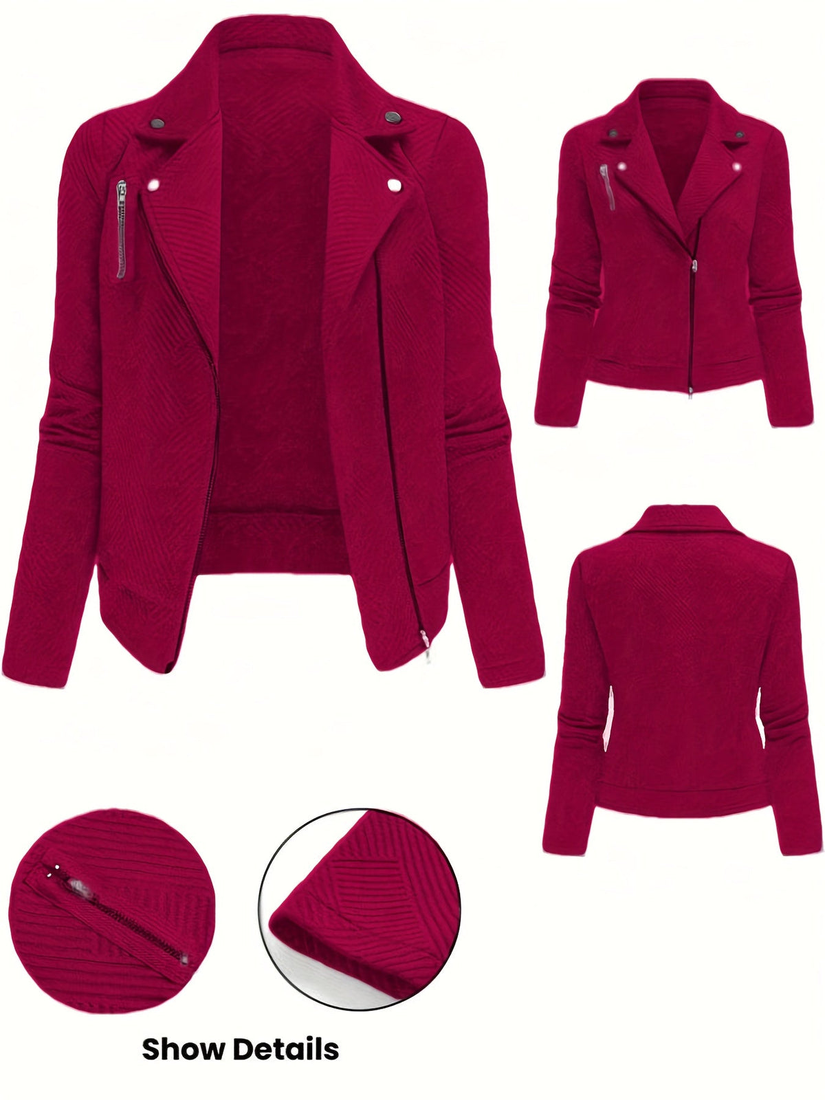Veste de motard pour femme unie avec fermeture éclair et boutons à motif géométrique - Manteau de moto décontracté et élégant pour l'automne et l'hiver, idéal pour le quotidien ou un look streetwear