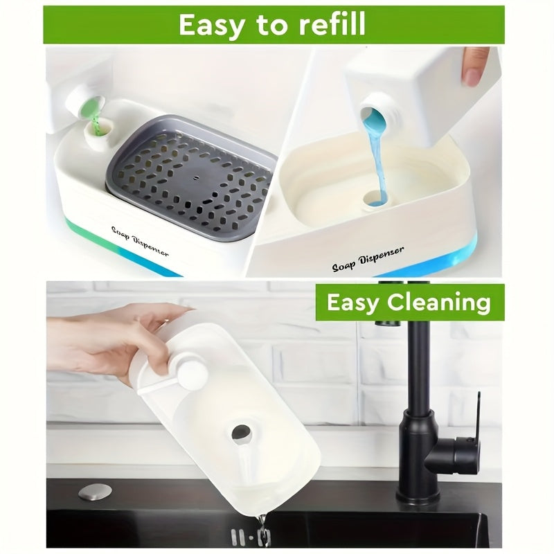 Distributeur de savon 2-en-1 avec porte-éponge intégré pour évier de cuisine – Distributeur à pompe pour comptoir pour savon à mains et vaisselle, distributeur de détergent, recharge facile, organisateur de cuisine idéal