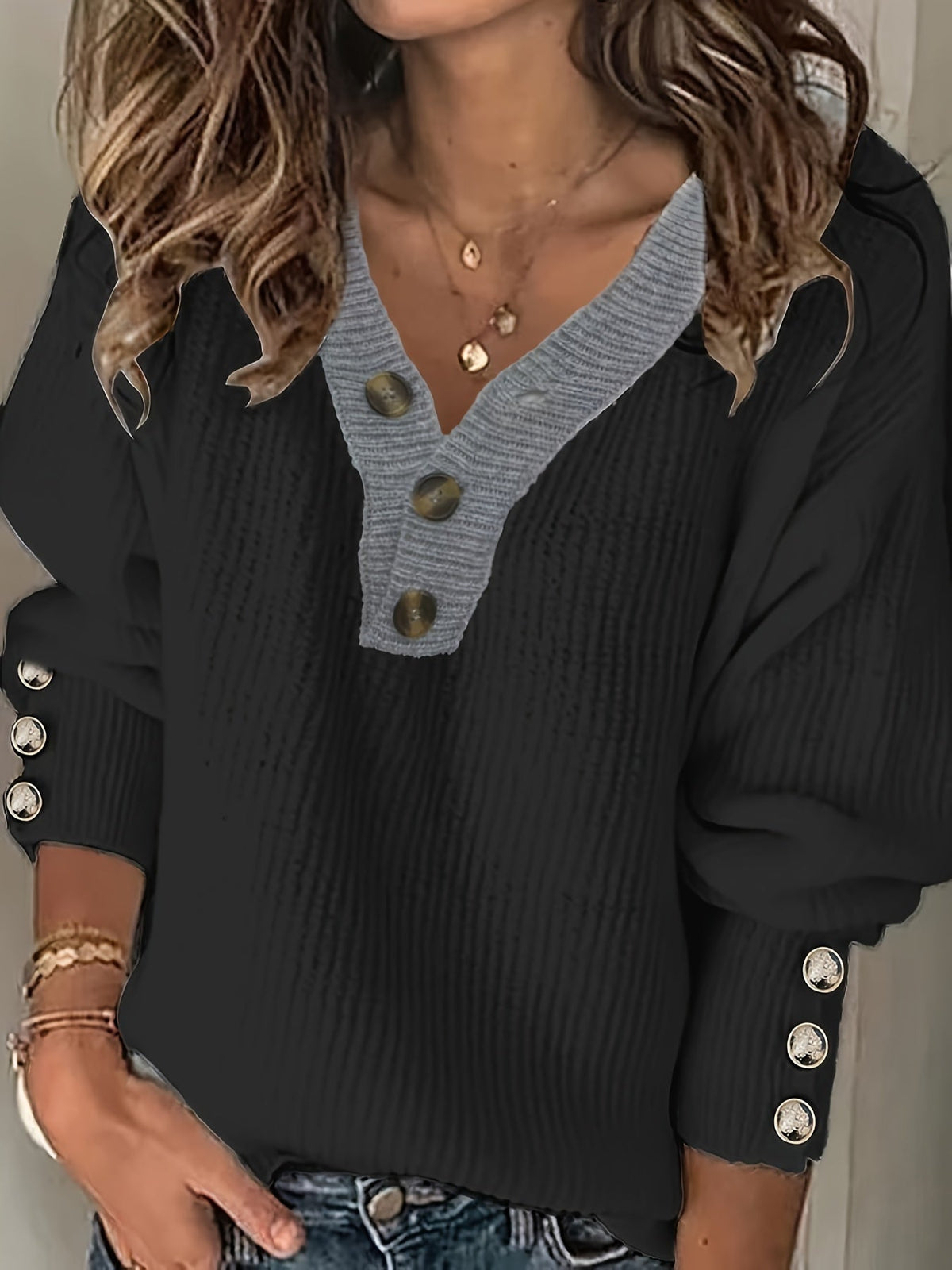 Women's V-Neck Button-Decorated Pullover Sweater β Casual Solid Color Knit Top for Fall Winter, Lightweight Polyester Stretch Pullover, Sizes S-XXL, White & Sea Blue