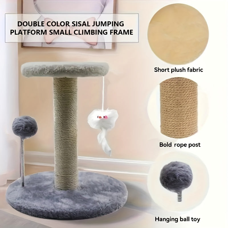 Arbre à chat avec griffoir, souris suspendue et balle sur ressort, tour d'activité pour chatons et jeunes chats, blanc, gris, marron