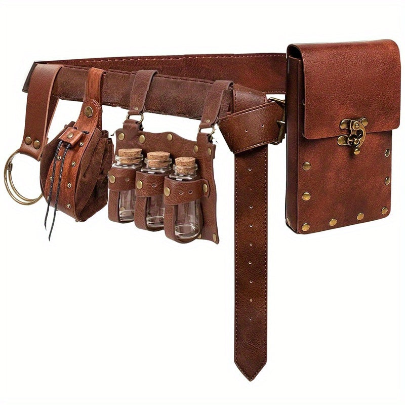 Ensemble de sacoche médiévale viking 5 pièces, pochette en similicuir avec fioles en verre, boucles et sangles, accessoire de costume vintage pour Halloween, cosplay, fête de la Renaissance, GN, jeu de rôle, noir, marron