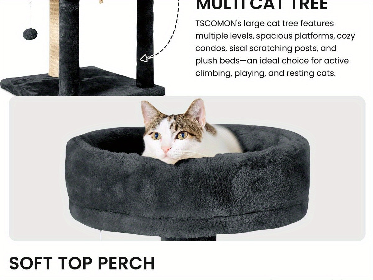 Arbre à chat multi-niveaux de 150 cm pour chats d'intérieur – Grand arbre à chat avec zone de repos en peluche, poteau à griffer en sisal et jouet à balle suspendue – Idéal pour chambre, salon et foyers multi-chats – Velora