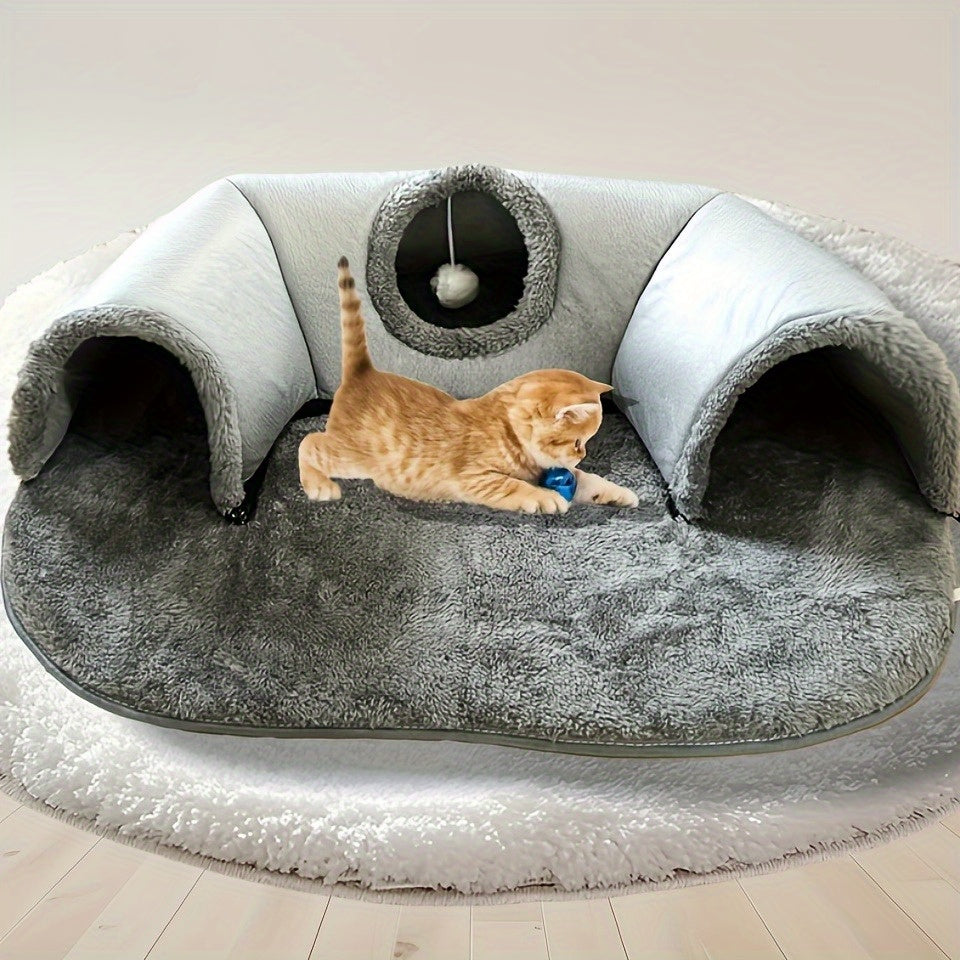 Tunnel-lit pour chat avec mousse à mémoire de forme, balle suspendue et bavoir offert – Condo lounge en peluche détachable, nid pour animaux lavable en machine pour foyers multi-chats, chats de petite à moyenne taille – Velora