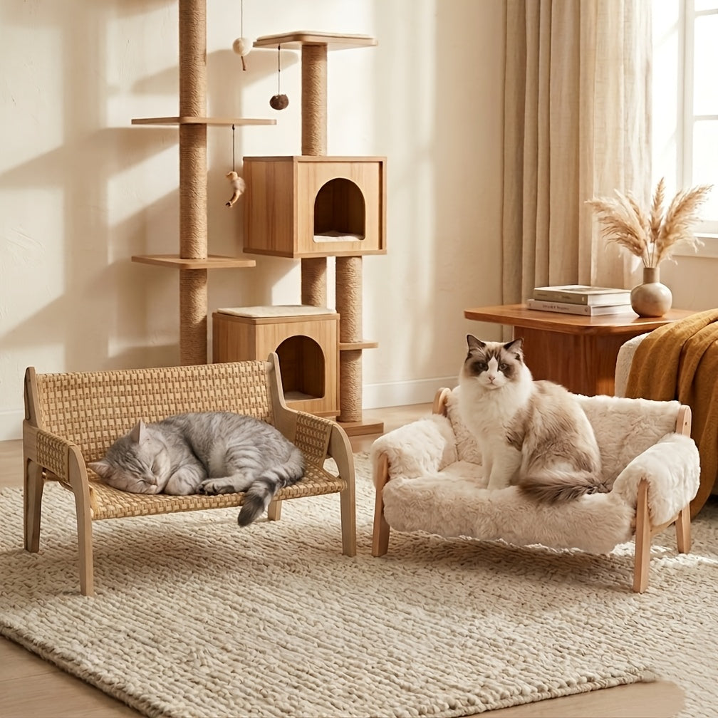 Canapé-lit surélevé pour animaux, fauteuil de repos pour chien et chat en bois massif avec tapis en bambou, meuble moderne pour petits et moyens chiens et chats, robuste et élégant, gris et blanc