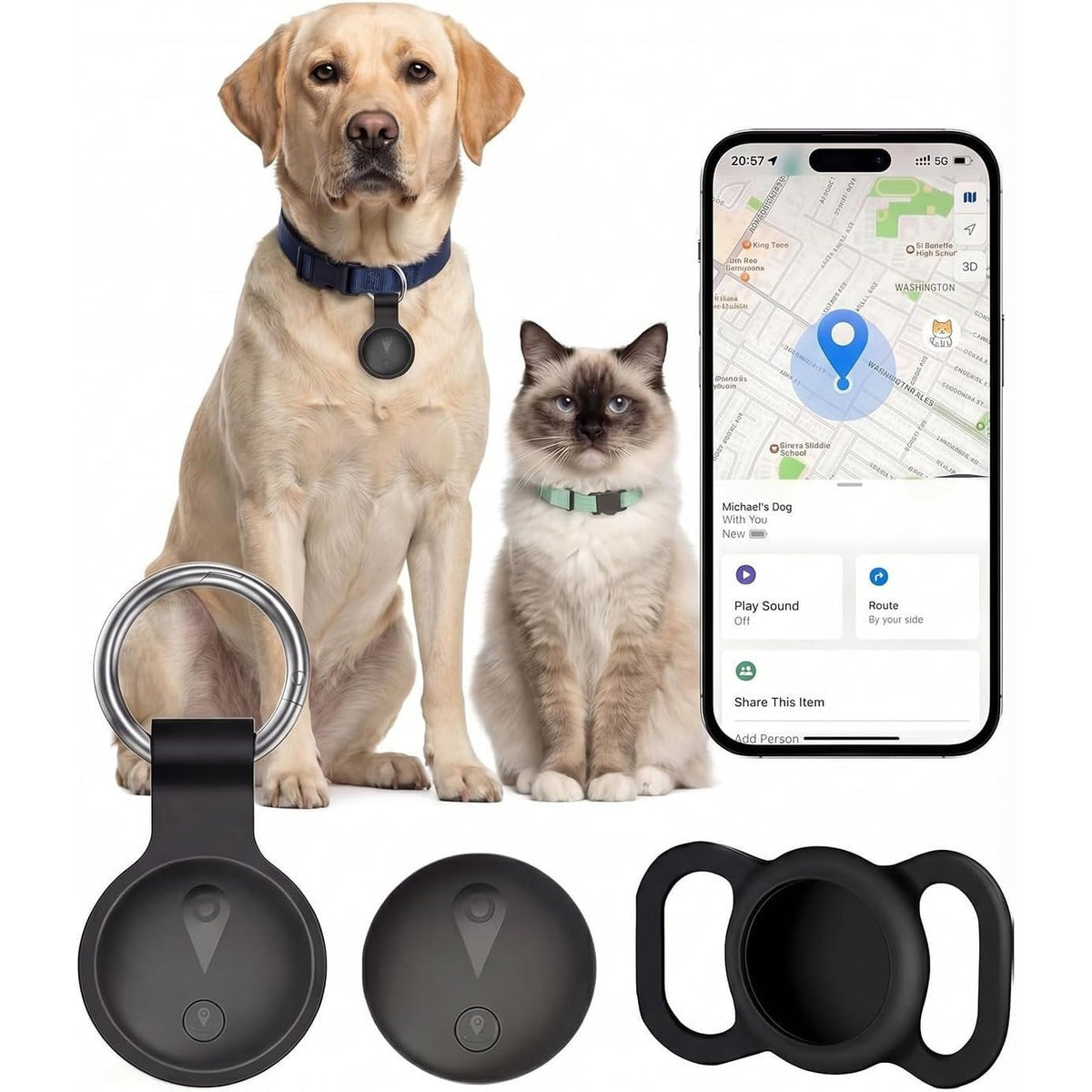 Traceur GPS pour chiens et chats – Sans abonnement, sans carte SIM, localisation en temps réel via l'application Localiser d'iOS, traceur intelligent ultra-fin pour animaux avec support de collier et alertes de zones de sécurité