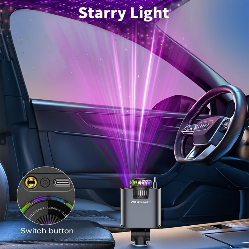 Chargeur de voiture rétractable 3-en-1 avec projecteur d'étoiles et aromathérapie – Câble USB-C à charge rapide de 80 cm pour iPhone 16 17 et Galaxy S25 S26, chargeur de téléphone pour voiture avec éclairage d'ambiance (parfum vendu séparément)