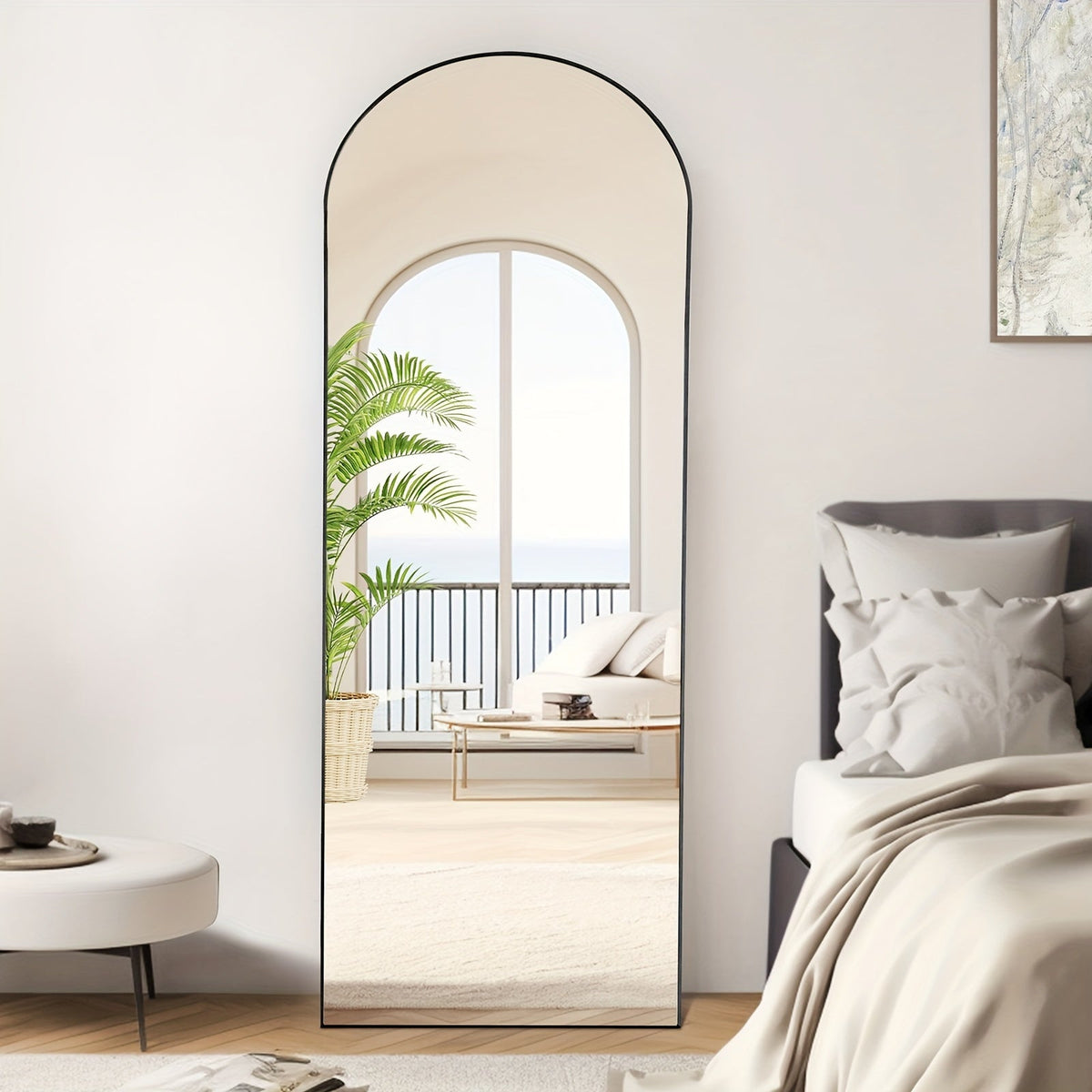 Miroir pleine longueur arqué avec support 64x21 / 59x16 pouces, miroir de sol en verre nano incassable avec cadre en alliage d'aluminium, miroir pleine longueur sur pied pour chambre, salon, vestiaire, décoration murale