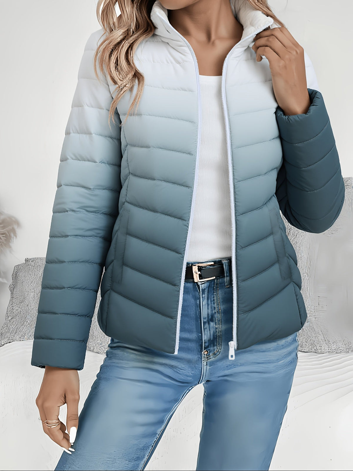 Doudoune matelassée légère pour femme, manteau rembourré à col montant, fermeture zippée, veste courte, coupe ajustée automne-hiver