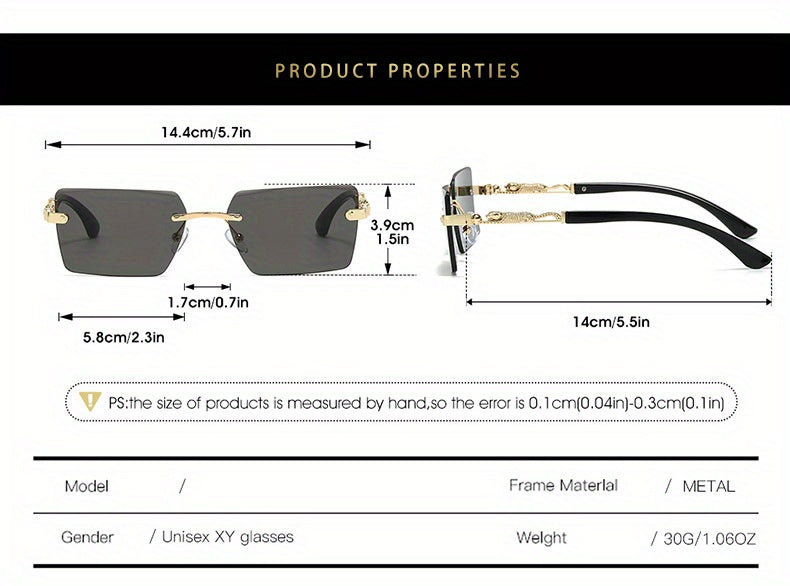 Lunettes de soleil unisexe sans monture motif léopard - Lunettes rectangulaires étroites anti-UV400 noir et doré, lunettes de mode haut de gamme pour hommes et femmes, étui et chiffon inclus, idéales pour les fêtes, les voyages et les festivals