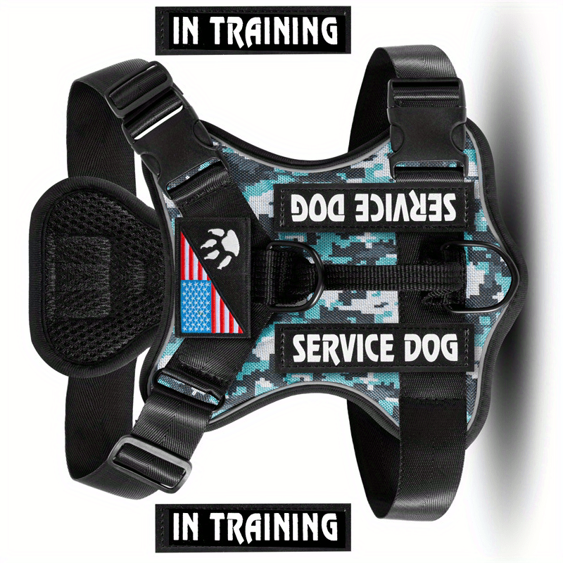 Harnais anti-traction pour chien avec gilet réfléchissant et 5 écussons – Harnais de service réglable en maille Oxford souple, avec attaches avant et arrière pour chiens de petite, moyenne et grande taille, de XS à XL