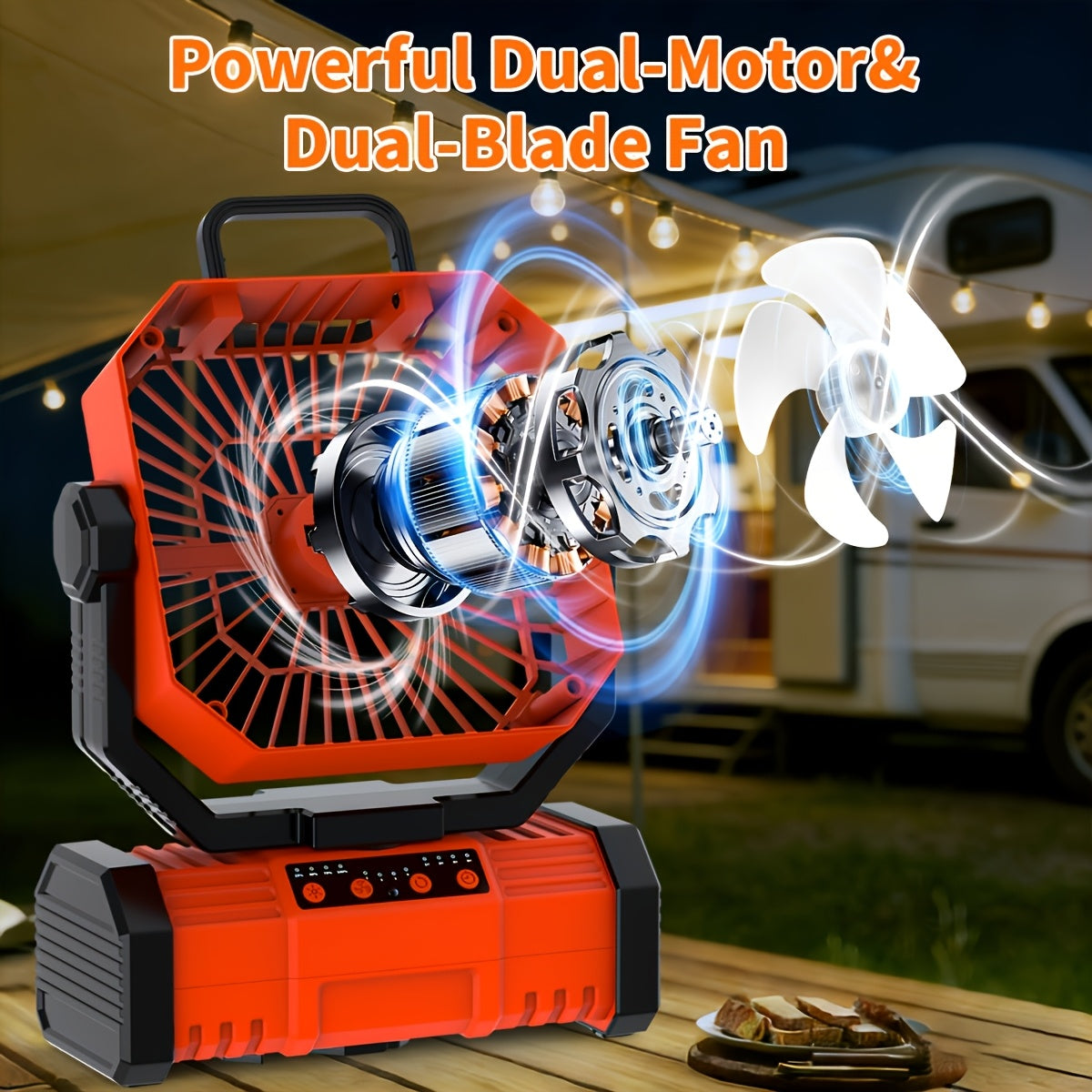 Ventilateur de camping portable 20 000 mAh avec télécommande, lumières LED, 4 vitesses et rotation à 360° – Ventilateur oscillant rechargeable sur batterie pour camping en plein air, camping-car et voyage