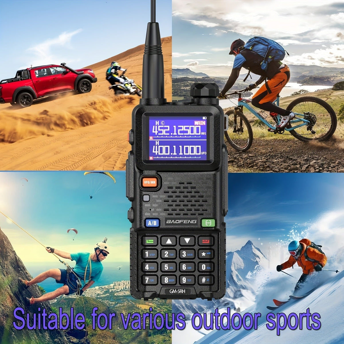 BAOFENG GM-5RH Radio GMRS longue portée 10W, lot de 2 - Talkie-walkie portable avec météo NOAA, chargement USB-C, 999 canaux, batterie 2500mAh, antennes 771 et 805S pour la chasse, le camping et l'escalade