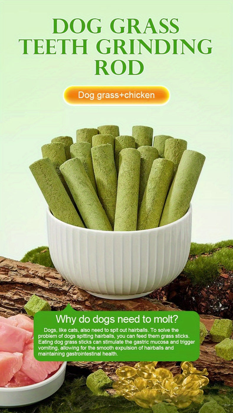 15 bâtonnets à mâcher à l'herbe pour chien – Friandises à mâcher naturelles pour le nettoyage des dents, haleine fraîche, collation riche en fibres pour la santé digestive à base d'herbe et de viande – Friandise saine pour chien de toutes races