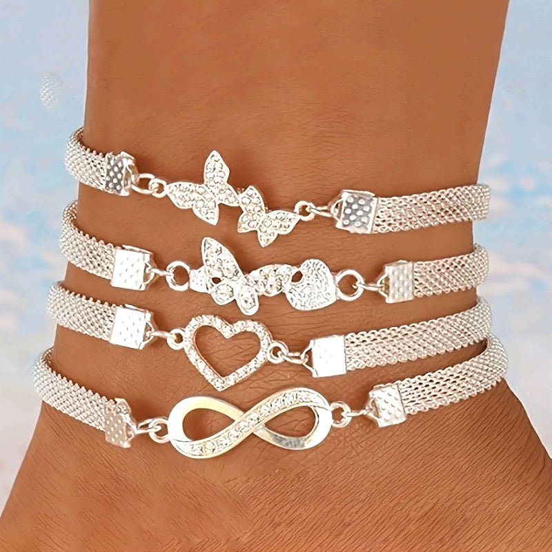 Lot de 4 bracelets de cheville infini papillon en argent 925 – Chaîne de pied empilable pour femmes, bijoux d'été élégants, cadeau pour la fête des mères et anniversaire