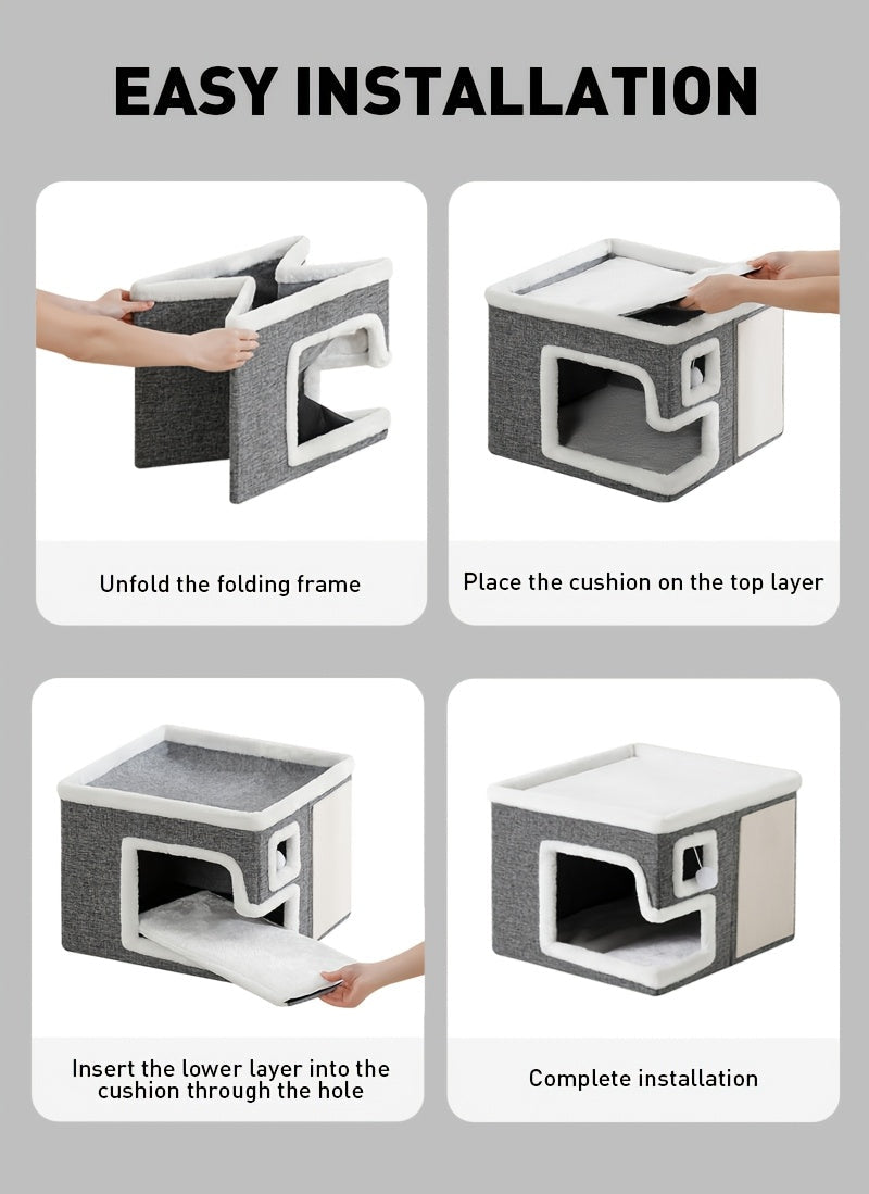 Maison pour chat 3-en-1 d'intérieur – Ottoman luxueux en bois pour dormir, jouer et faire ses griffes, cube refuge pour chats, adapté aux foyers multi-chats, gris clair, taille standard et grande