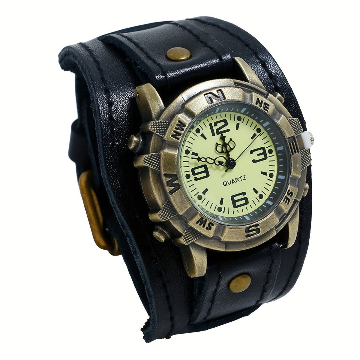 Montre à quartz analogique unisexe style steampunk vintage avec large bracelet en cuir – Style biker, boîtier rond, marron foncé, noir, marron, cadeau pour Halloween, Noël, fête des Pères