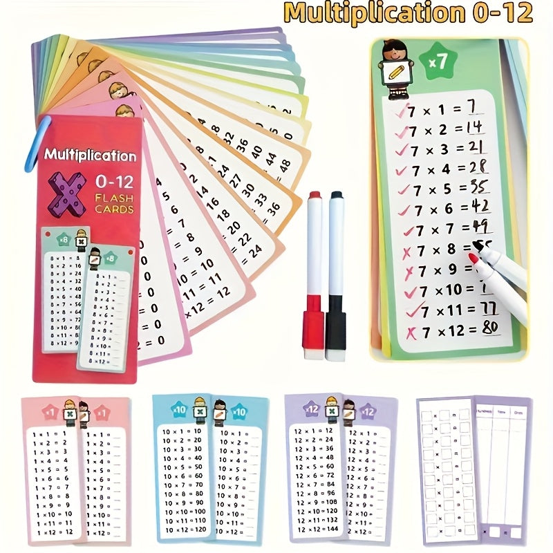 Cartes flash de multiplication, 16 pièces, réutilisables et inscriptibles, tables de 1 à 12, pour élèves et enseignants, auto-évaluation, marqueurs effaçables à sec inclus, outil d'apprentissage des mathématiques coloré et durable, cadeau de Noël