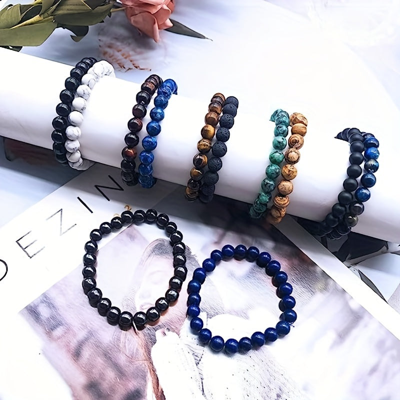 Lot de 10 bracelets extensibles en pierres naturelles de 8 mm, style vintage, perles rondes empilables, unisexe, pour homme et femme, cadeau de vacances