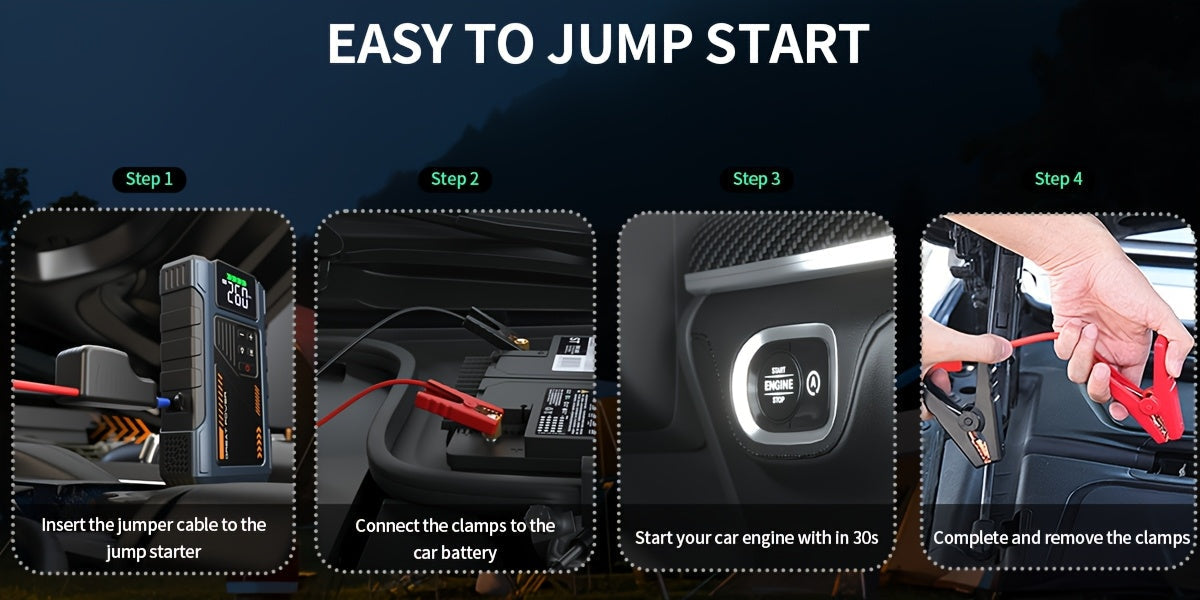 Démarreur de voiture 4000A avec compresseur d'air et gonfleur de pneus – Booster de batterie portable tout-en-un pour moteurs essence et diesel, lampe LED, batterie externe USB, affichage numérique, démarreur d'urgence compact