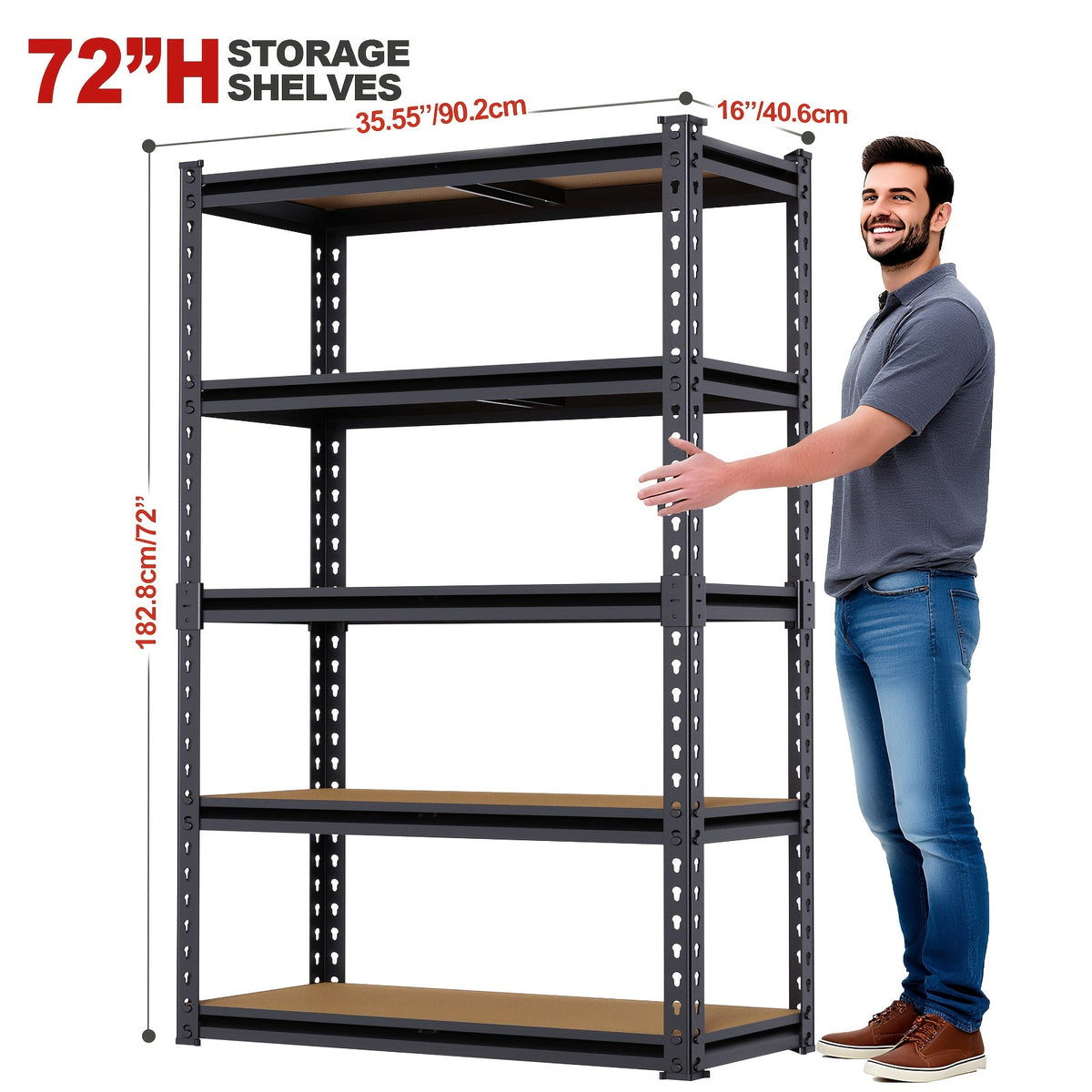 Étagère métallique robuste à 5 niveaux, capacité de 2000 lb, support de rangement pour garage | Étagère en acier réglable de 72 po et 60 po de hauteur pour garage, sous-sol, garde-manger, placard, buanderie – Noir