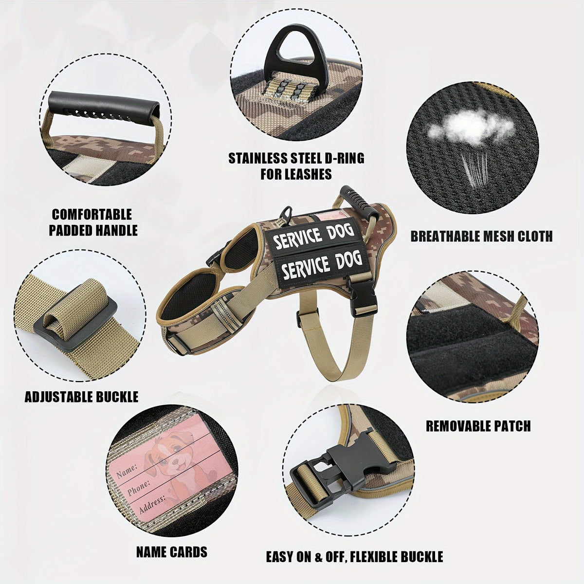 Harnais tactique MOLLE pour chien – Gilet réfléchissant réglable anti-traction pour animal de compagnie avec poignée de contrôle, harnais de dressage pour chien d'assistance, pour une promenade facile sans tirer ni s'étouffer