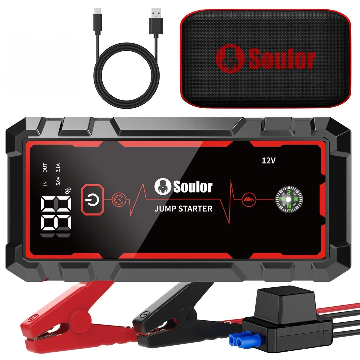 Démarreur de batterie portable 3000A-6000A – Booster de batterie lithium 12V, batterie externe avec double port USB QC 3.0 à charge rapide, lampe LED et boussole, compatible avec tous les moteurs essence
