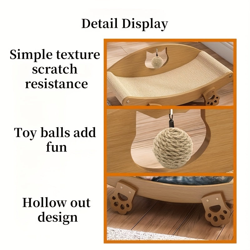 Chaise longue griffoir pour chat en sisal naturel avec jouet balle suspendue – Lit pour chat incurvé en bois massif, canapé anti-rayures pour chaton, protecteur de meubles pour chats d'intérieur