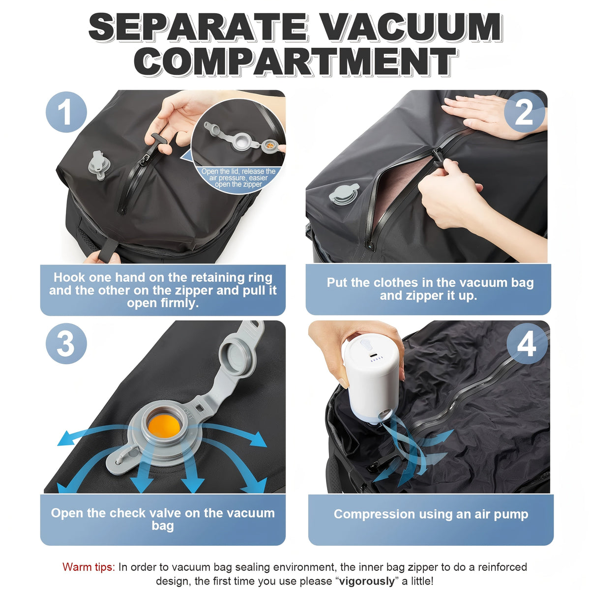 Sac à dos de voyage avec pompe à vide – Sac de transport pour ordinateur portable extensible, grande capacité, gain de place, en tissu Oxford pour hommes et femmes, randonnée, camping et voyage