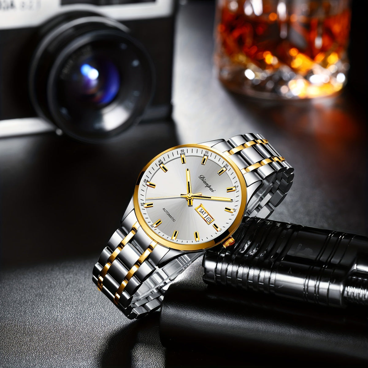 Montre mécanique automatique pour homme – Bracelet fin en acier inoxydable, aiguilles lumineuses, affichage du calendrier, sans pile – Montre de luxe habillée pour le travail, cadeau idéal