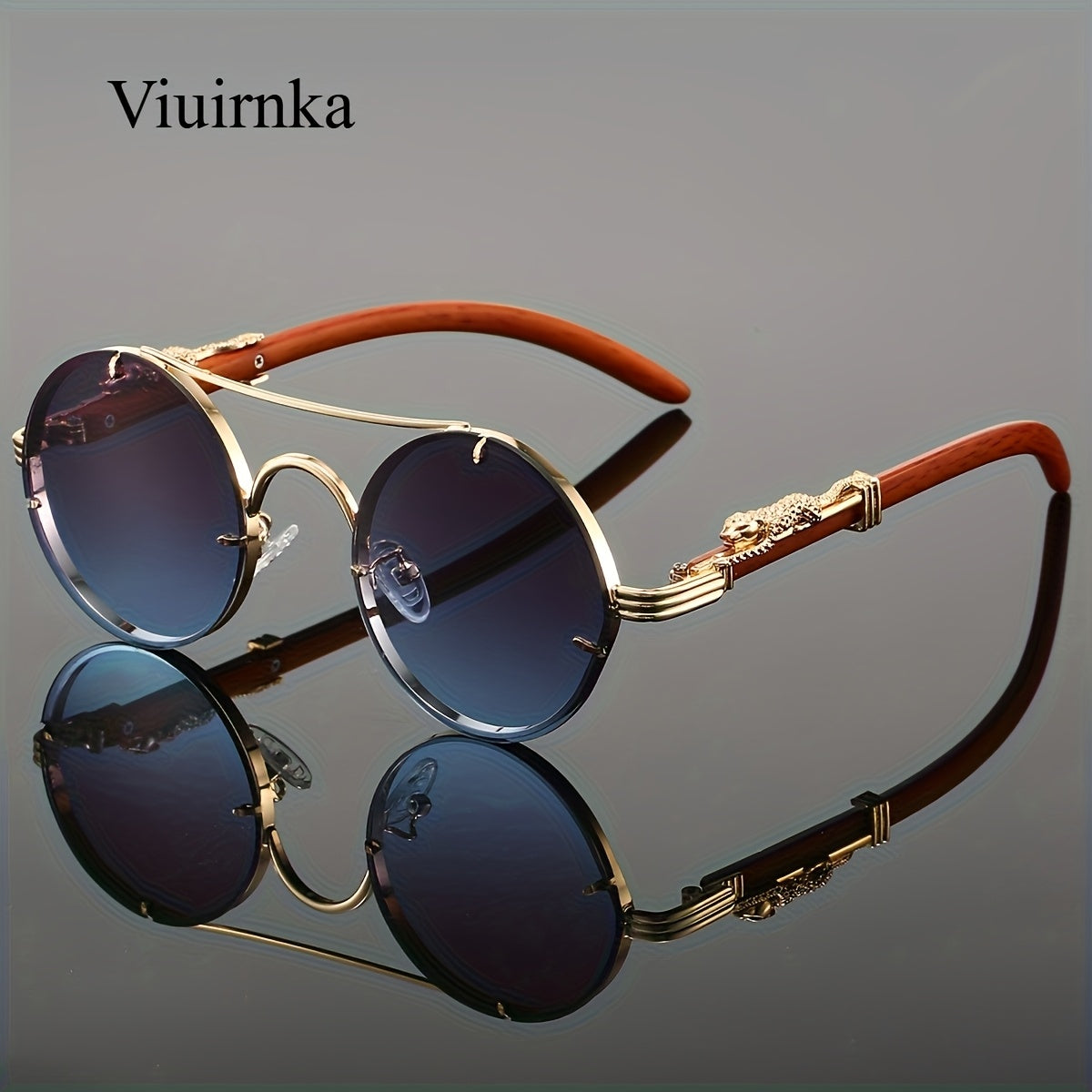 Lunettes de soleil rondes à monture en métal avec verres dégradés pour hommes et femmes – Luxe, double pont, détails léopard sur les charnières, verres en polycarbonate dégradés, étui inclus, style chic pour les vacances et la ville