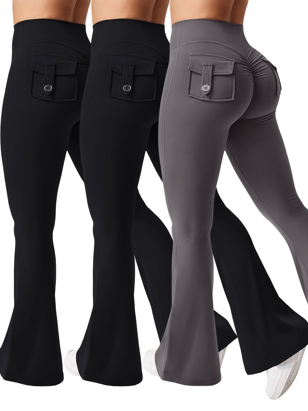 Ensemble 3 pièces pour femme : pantalon de yoga évasé à taille haute avec ceinture et poches, legging galbant effet push-up, squat-proof, 90 % polyester extensible, coupe évasée pour le sport, la gym, la course et le quotidien