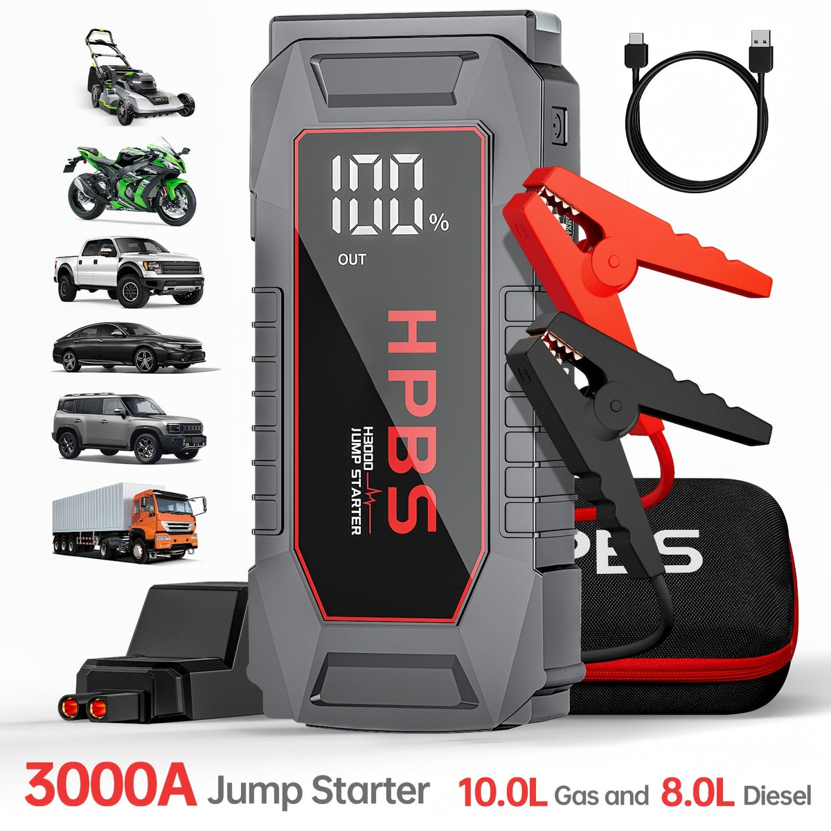 Démarreur de voiture 5000A, batterie externe 24000mAh, booster de batterie 12V pour moteurs essence et diesel – Démarrage rapide de batterie déchargée pour voiture, camion, SUV, moto avec lampe de poche LED pour urgences en extérieur