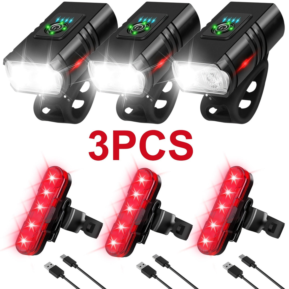 Ensemble de lumières de vélo LED rechargeables USB-C 1500 lumens – Feux avant et arrière pour vélo, 6+4 modes, étanches, indicateur de charge, charge rapide, éclairage de sécurité nocturne pour vélo de route et VTT