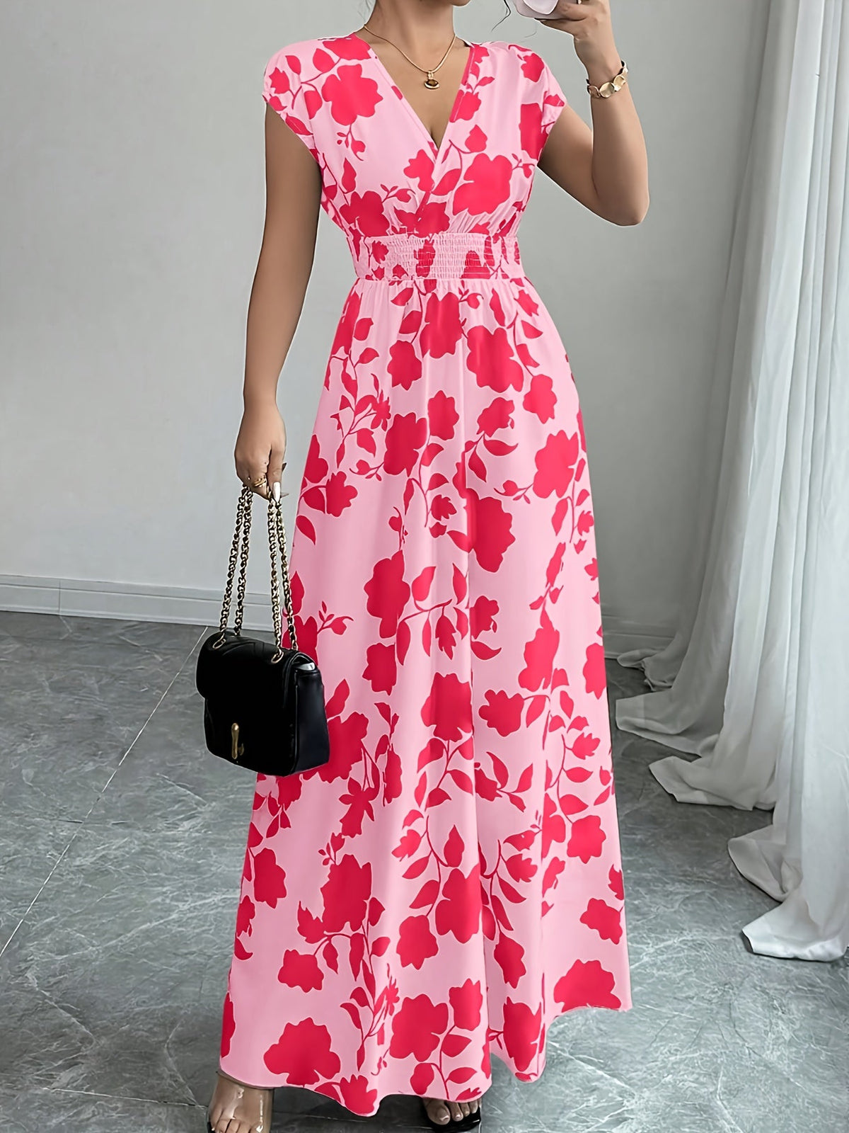 Robe longue florale rose pour femme - Col en V, manches courtes, taille cintrée, coupe trapèze | Robe fluide élégante, décontractée et habillée, pour le printemps et l'automne, nouveauté
